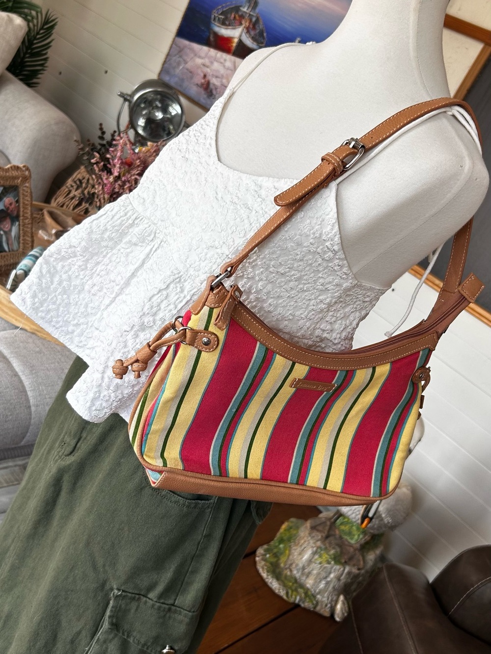 Jamaica Bay Vintage Y2K Striped Canvas Shoulder Bag Purse Colorful Boho - Picture 2 of 15
